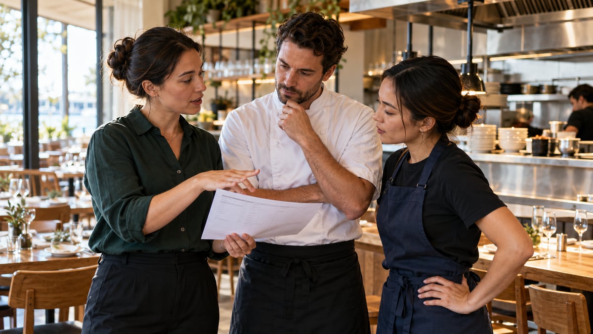 Venue manager reviewing shift coverage and a roster checklist with a chef and floor supervisor.
