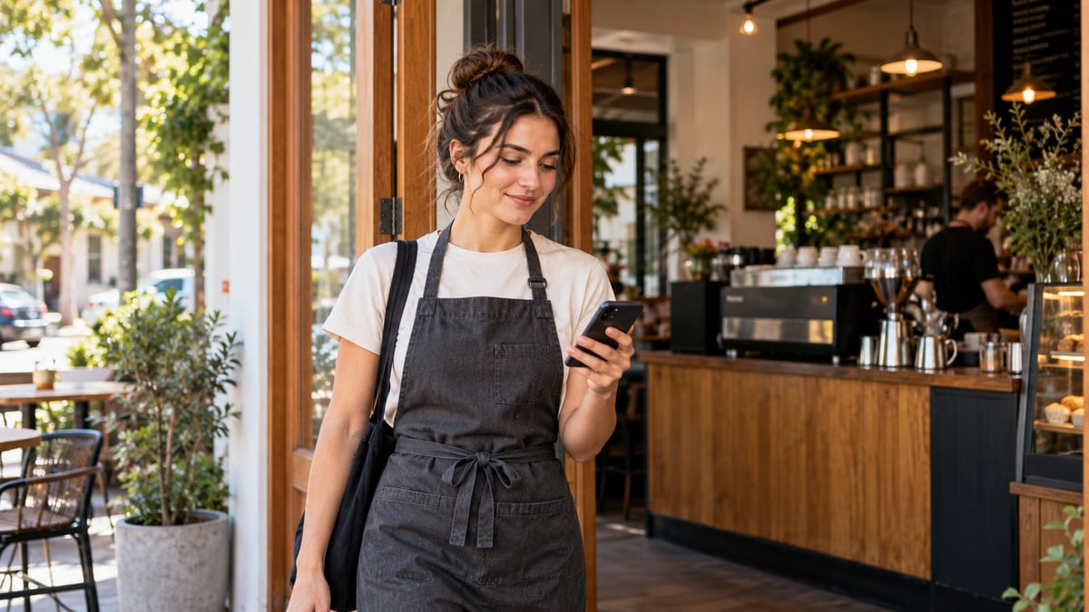 Barista using a smartphone at the café entrance before starting a shift.