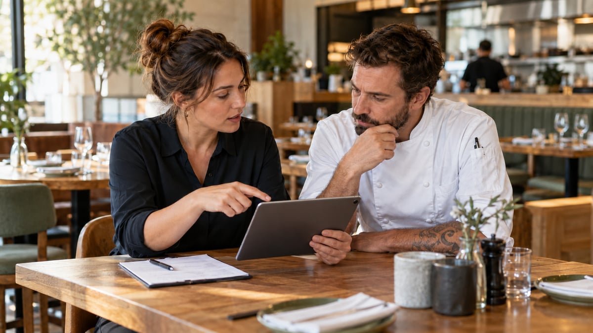 Restaurant manager and chef comparing a tablet roster against a software evaluation checklist.