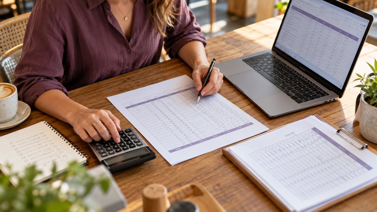 Bookkeeper reconciling printed timesheet rows with a laptop before a payroll import.