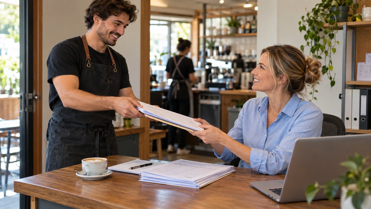 Café manager handing approved timesheets to a bookkeeper for payroll review.
