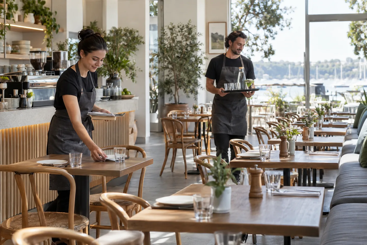 Café team members preparing tables and carrying a tray before service
