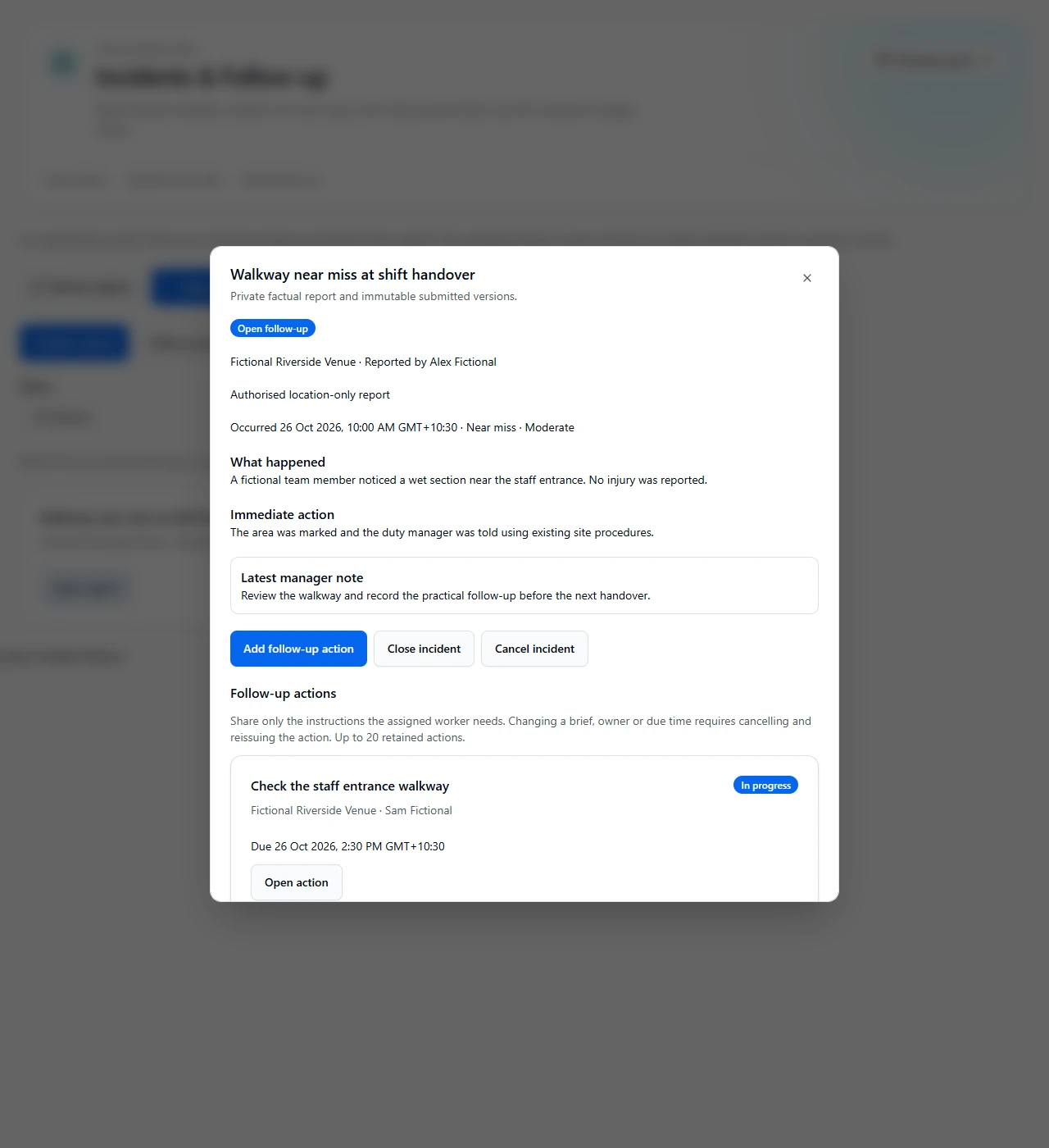 Actual Incidents and Follow-up workspace with a fictional private report and separately assigned operational action