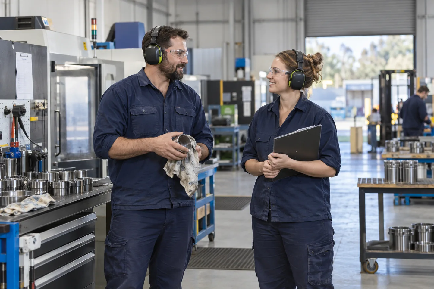 Production team members wearing eye and hearing protection during a workshop shift handover