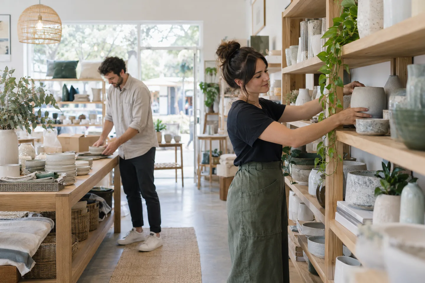 Retail team members arranging ceramics and preparing a homewares store for opening