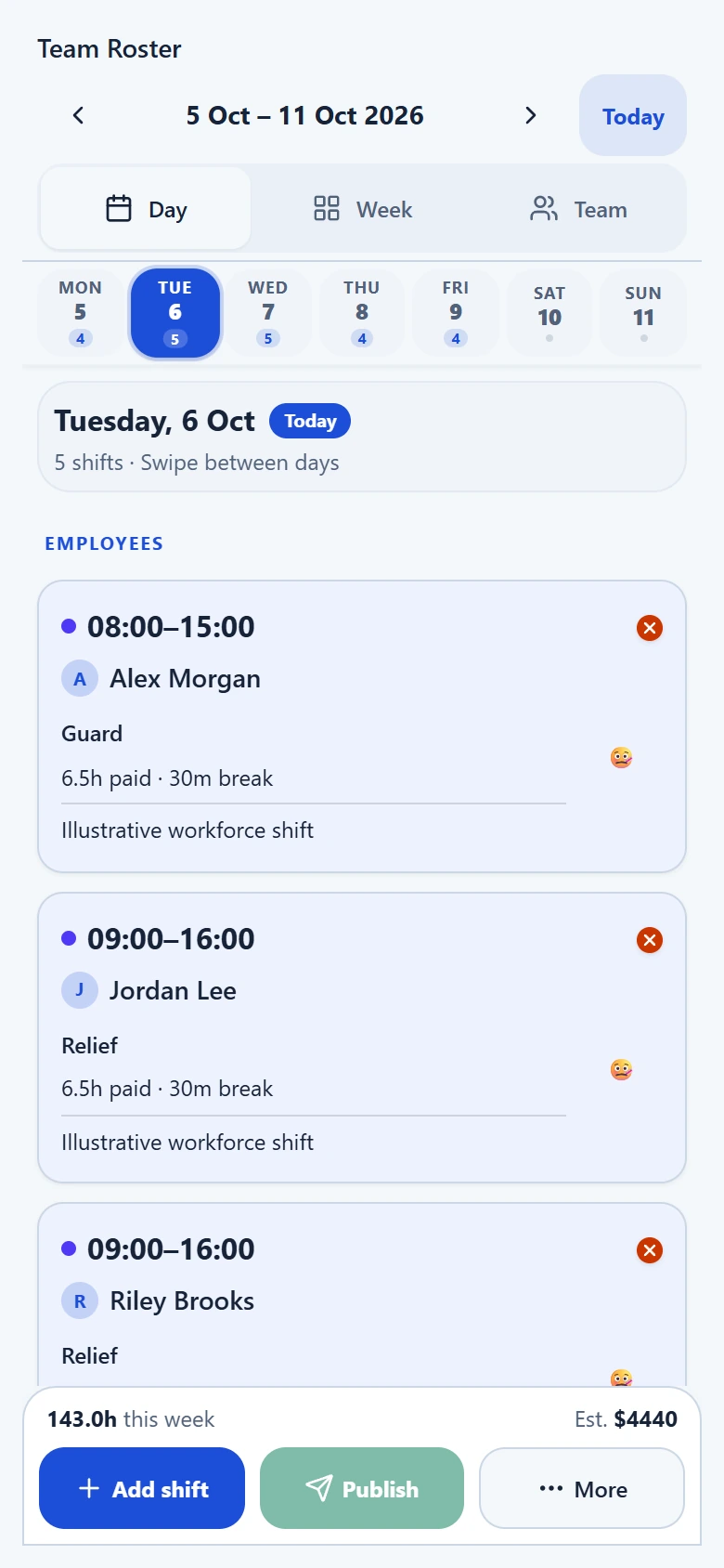 ShiftRova mobile daily roster showing fictional security team assignments, shift times and roster actions