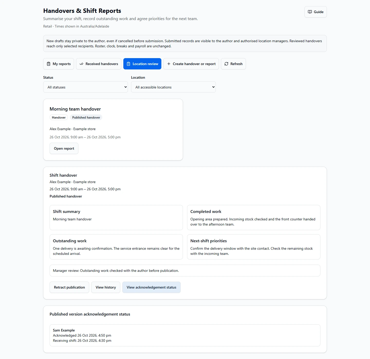 Actual Handovers and Shift Reports workspace with a fictional reviewed publication, structured work summary and recipient acknowledgement