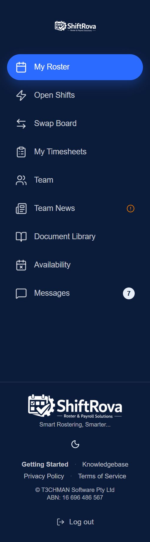 Illustrative Team Member sidebar with direct links to roster, timesheets, Team News, availability and Messages