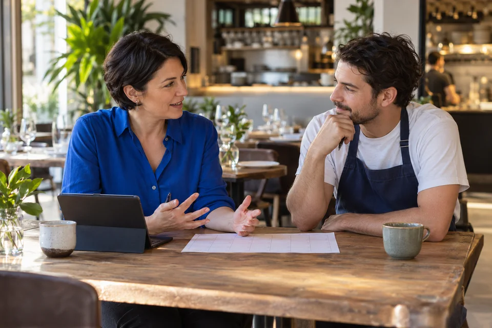Restaurant manager and team member discussing availability and employment arrangements before service