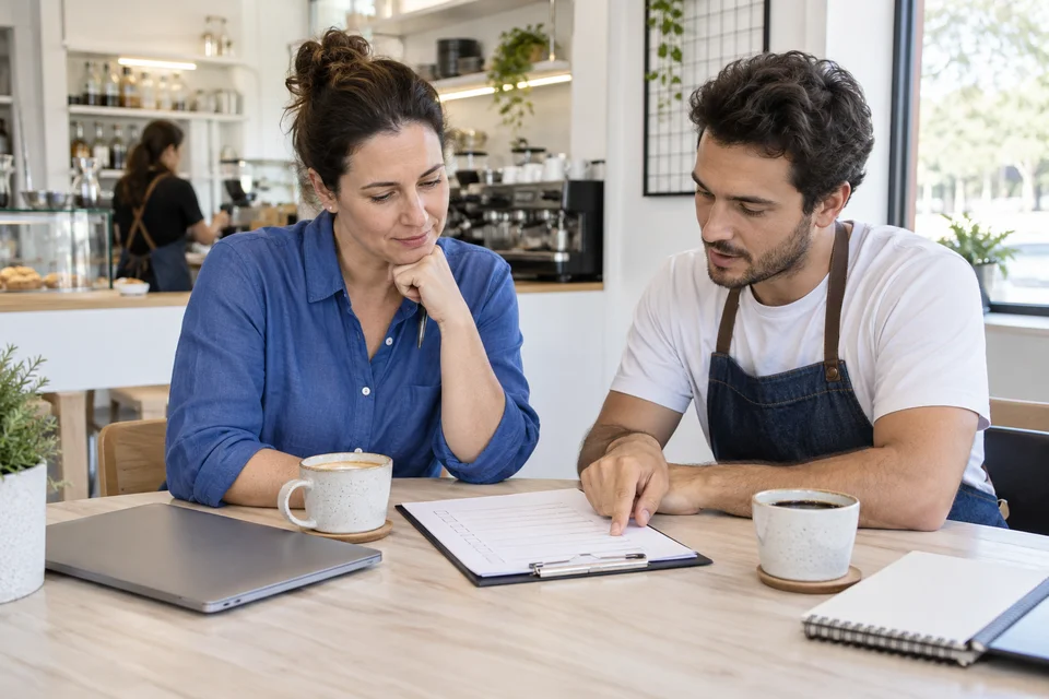 Small business owner and team leader reviewing employment and payroll paperwork at a bright office desk