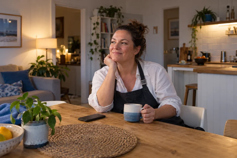 Hospitality supervisor resting at home after a shift with a phone face down beside a cup of tea